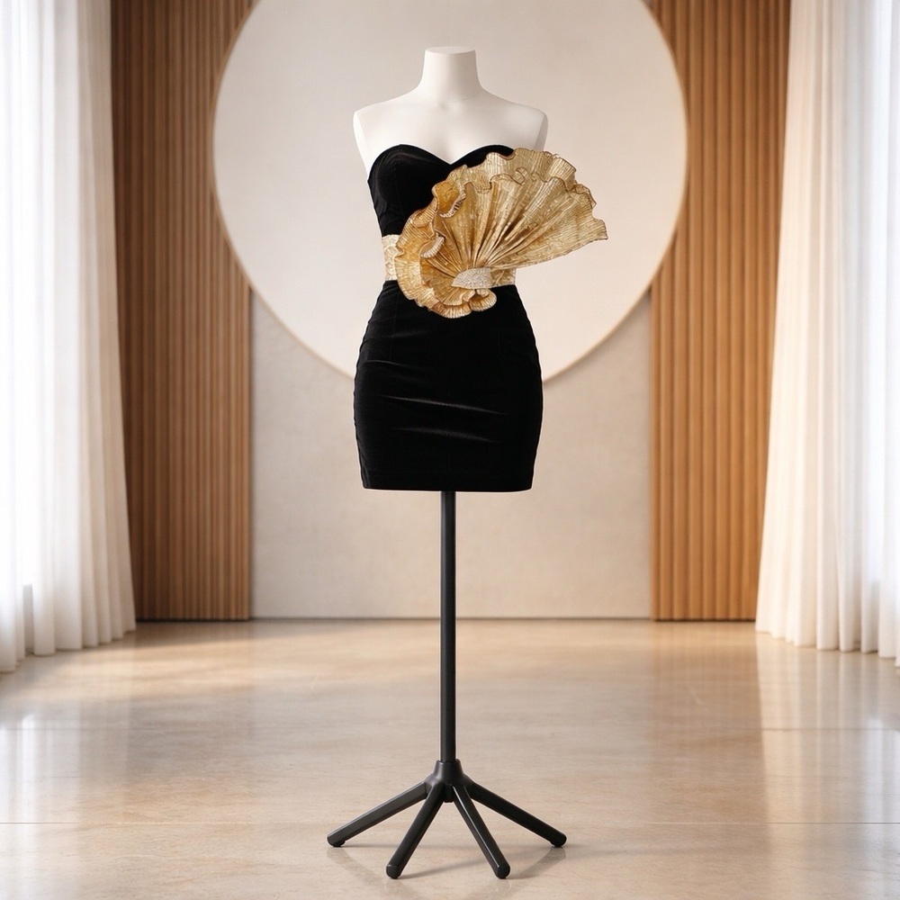 Dave & Johnny Black Velvet Mini Dress with Gold Appliqué